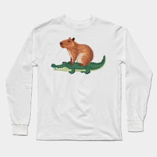 Funny Capybara Riding On a Crocodile Long Sleeve T-Shirt